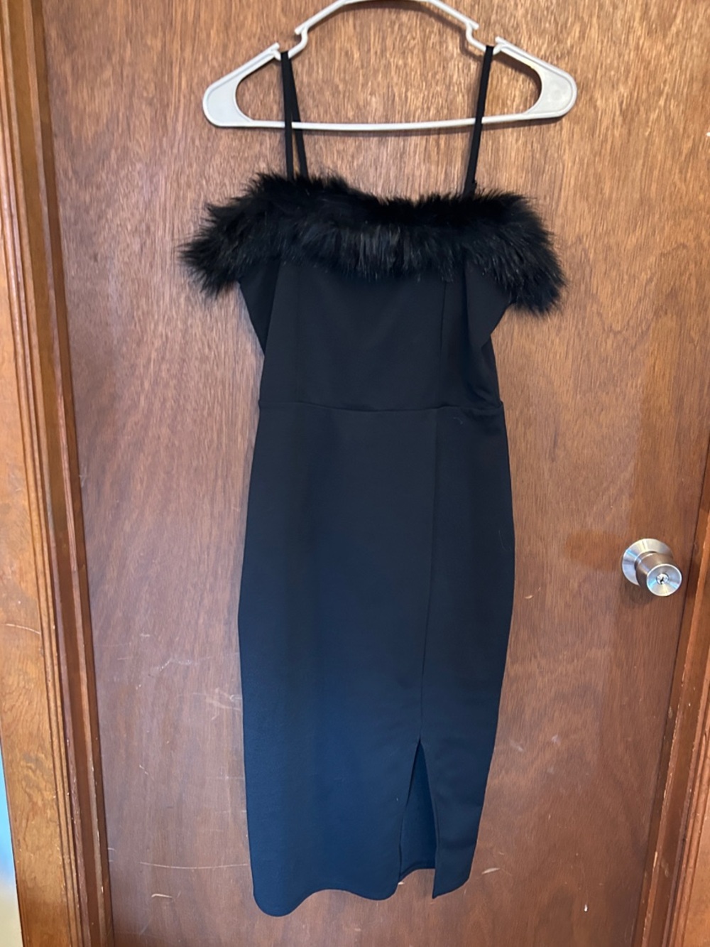 Planet Gold Black Faux Fur Trim Midi Slip Dress